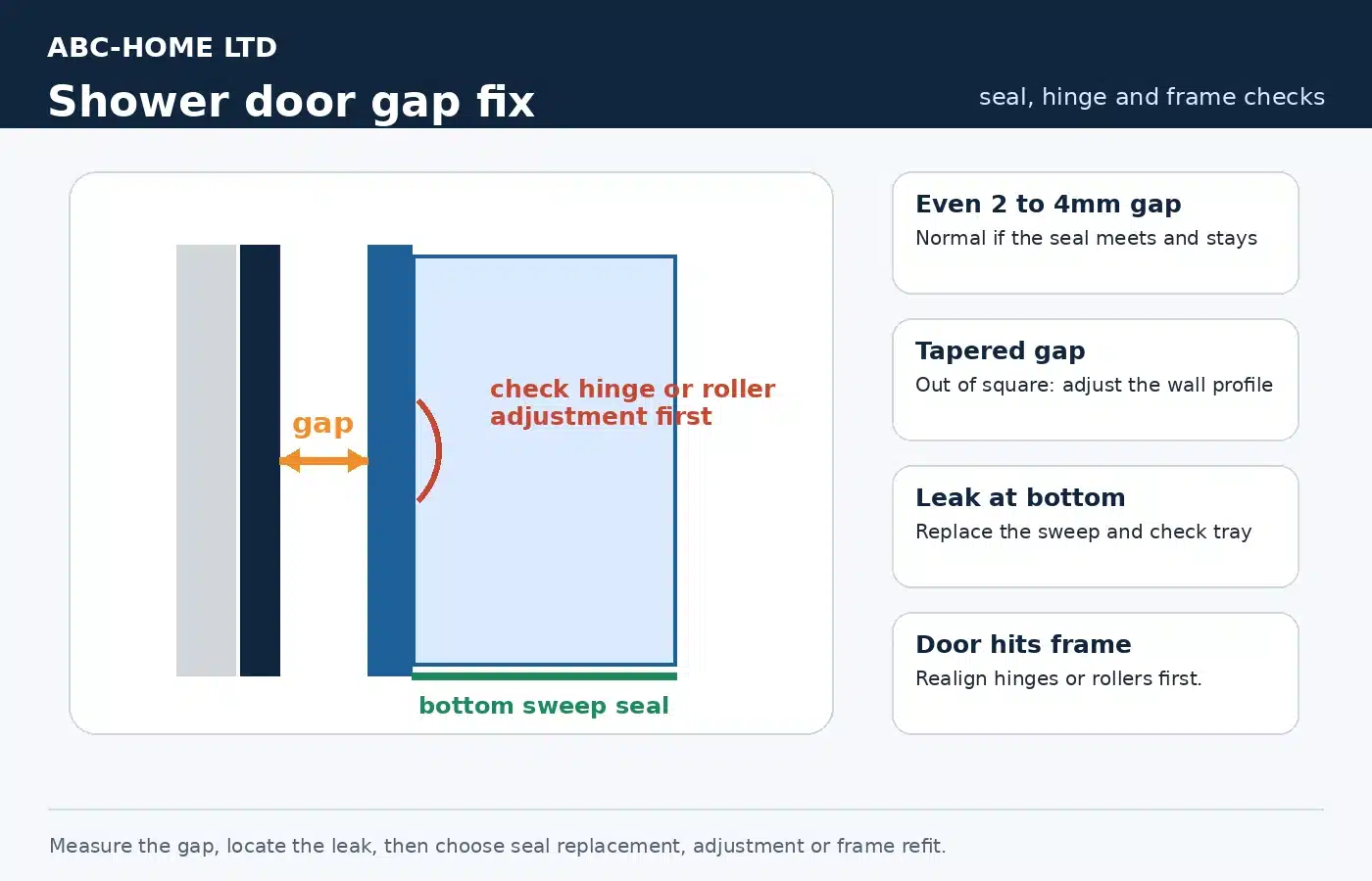 Shower door gap fix diagram showing hinge side gap, magnetic seal and bottom sweep seal