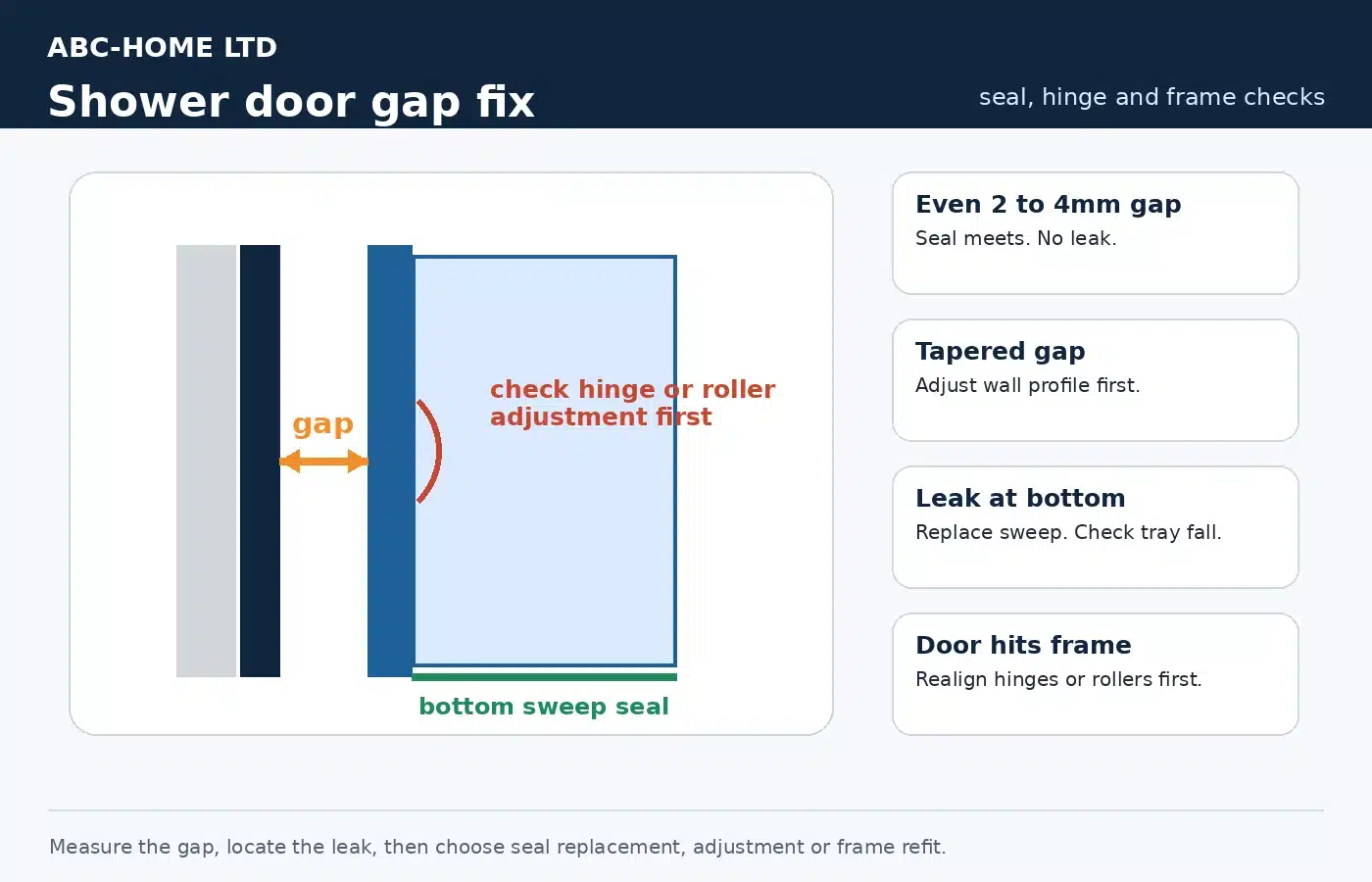 Shower door gap fix diagram showing hinge side gap, magnetic seal and bottom sweep seal