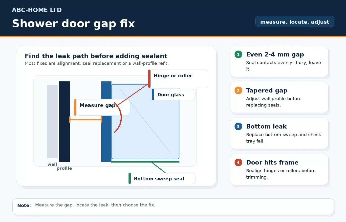 Shower door gap fix diagram showing hinge side gap, magnetic seal and bottom sweep seal
