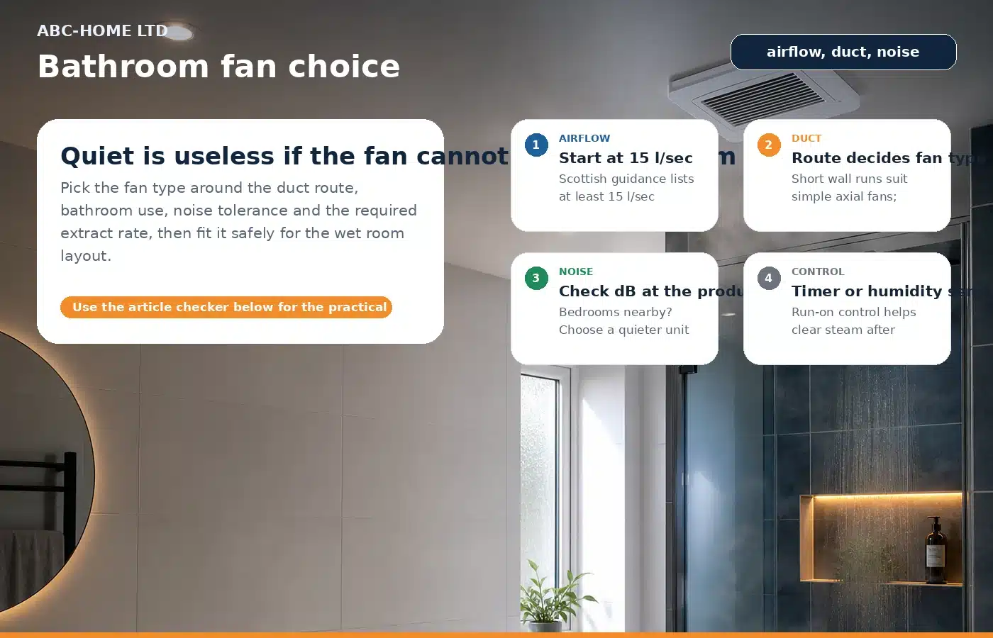 Photo-infographic of bathroom extractor fan airflow, duct route and noise checks