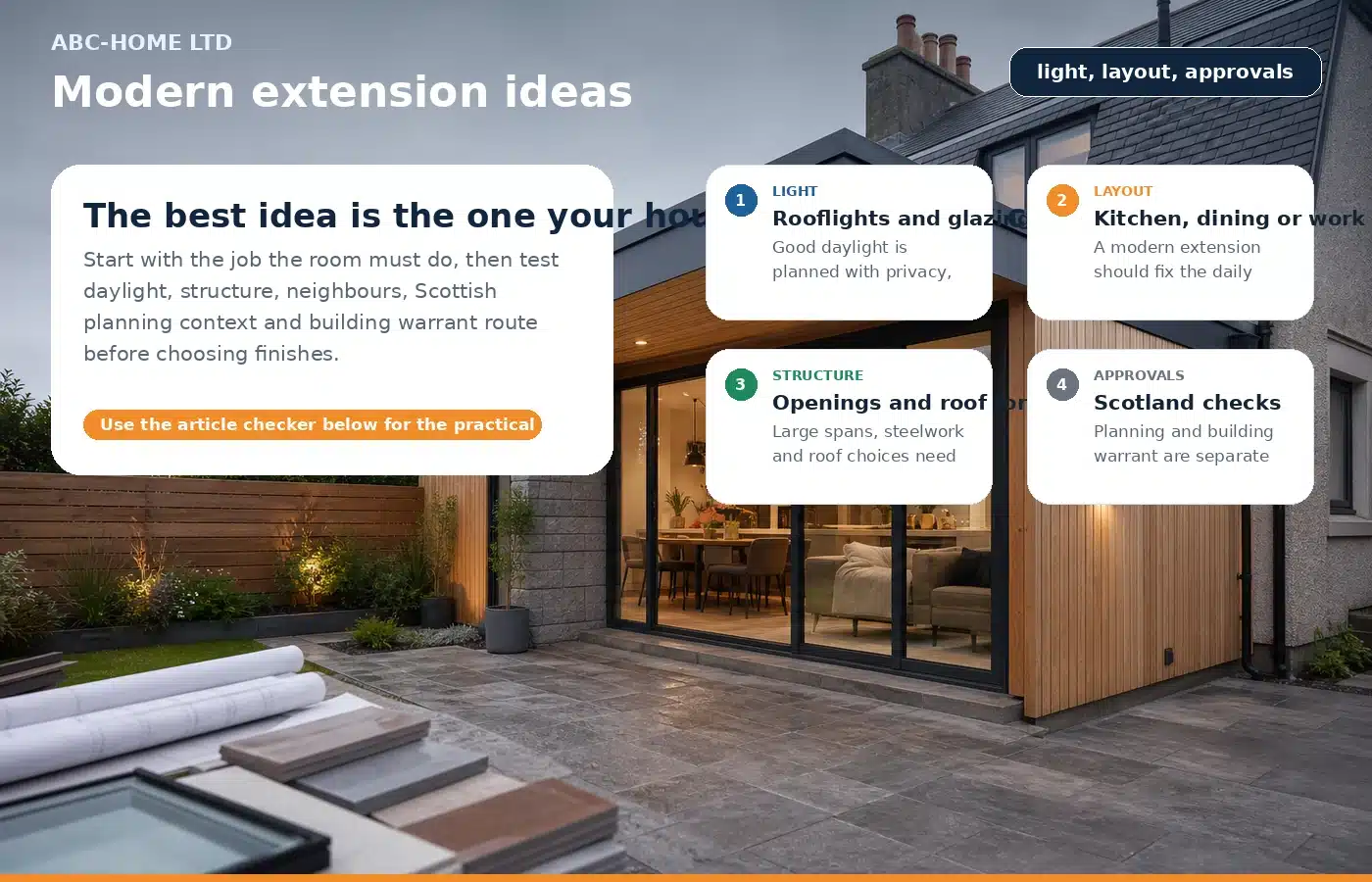 Photo-infographic of a modern house extension with light, layout, structure and approval checks