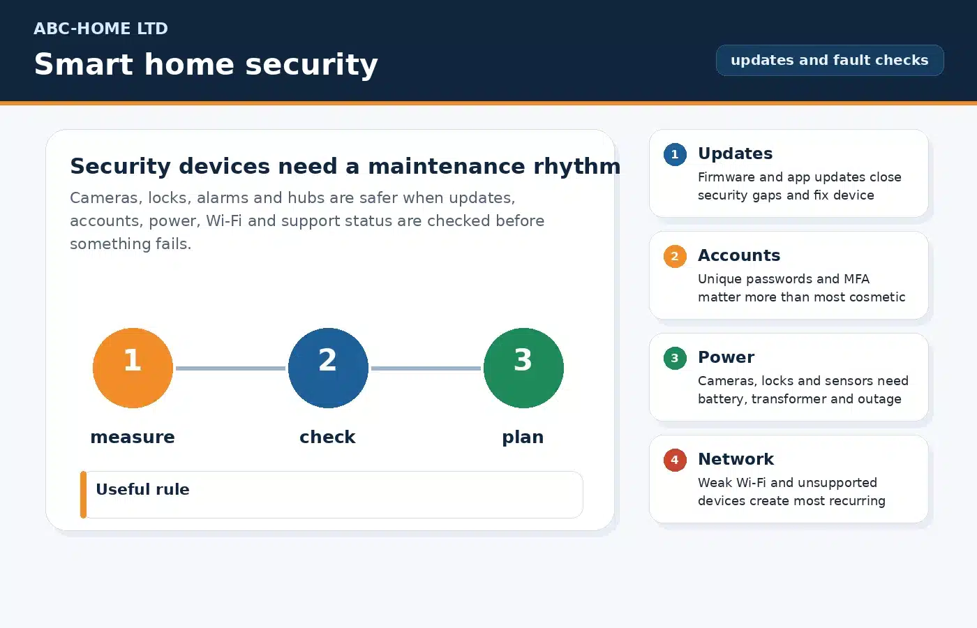 Smart home security maintenance diagram showing firmware updates, passwords, power and Wi-Fi checks