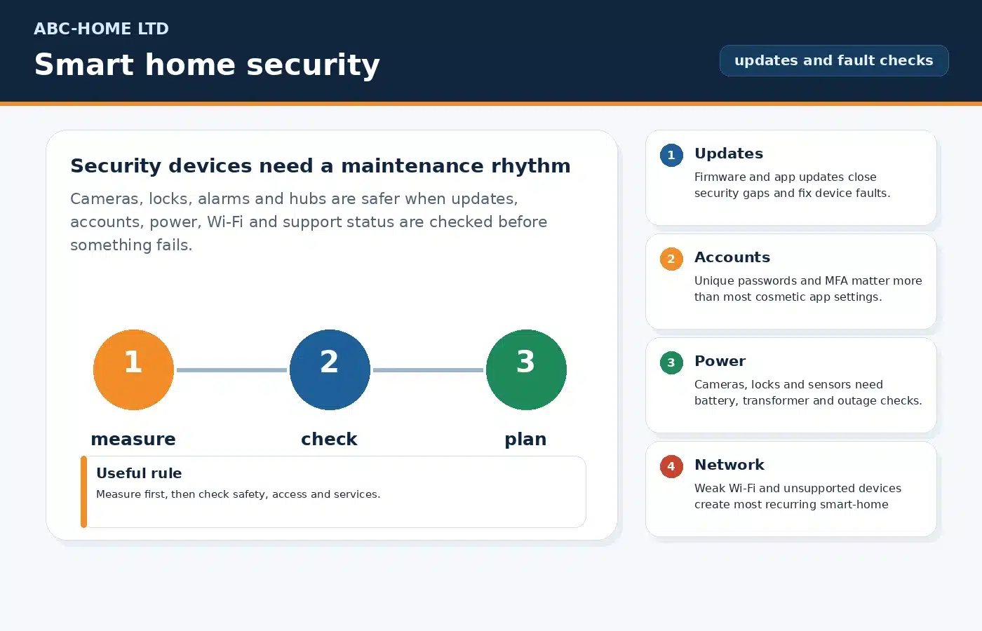 Smart home security maintenance diagram showing firmware updates, passwords, power and Wi-Fi checks