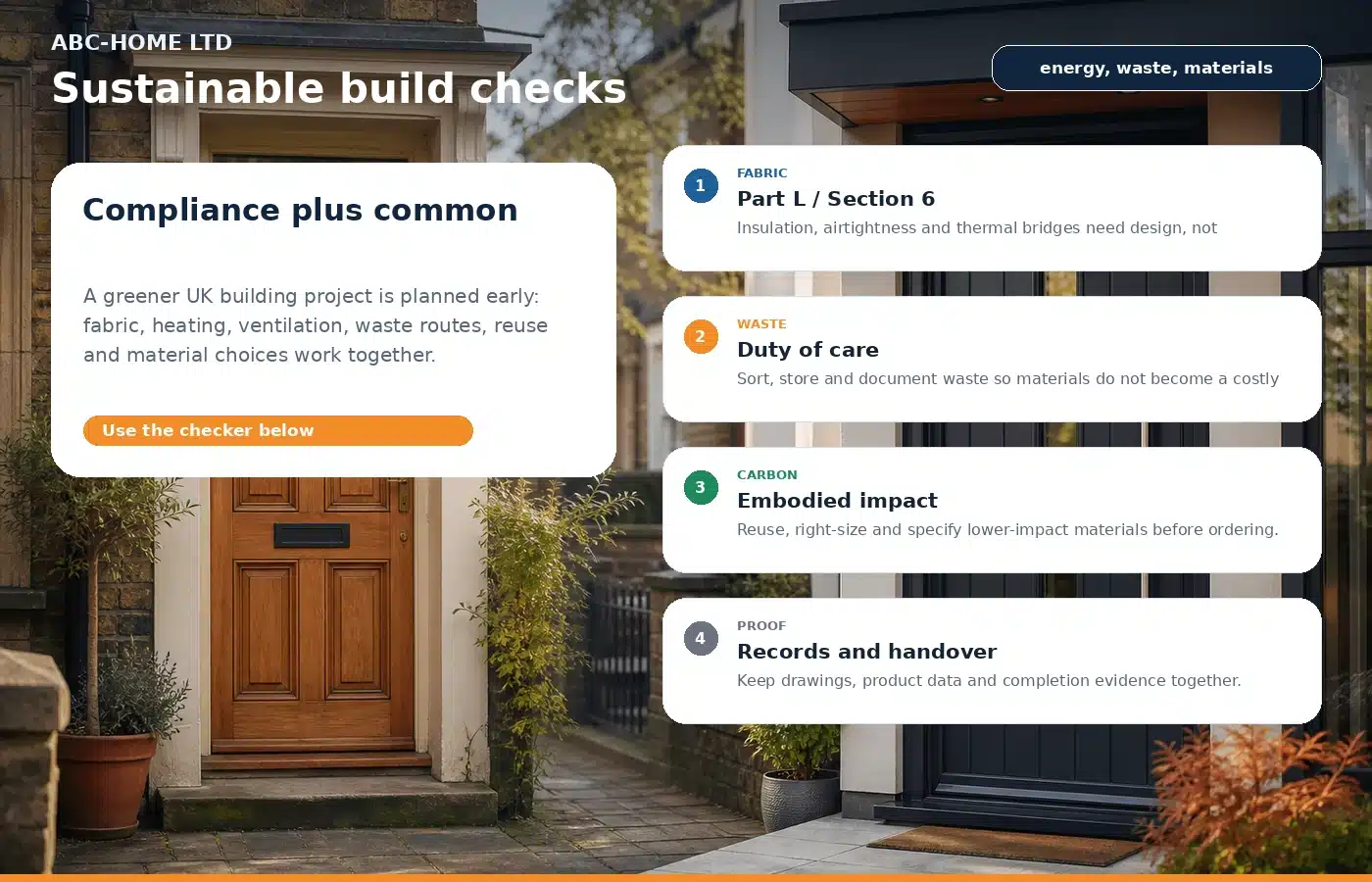 Photo-infographic showing sustainable building project checks for energy compliance, waste duty of care, embodied carbon and evidence