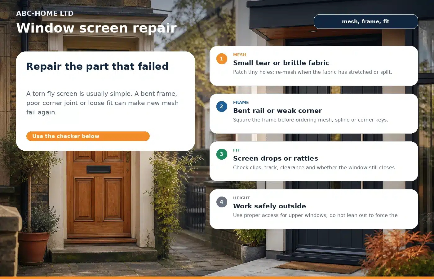 Photo-infographic of window screen repair checks for mesh, bent frame, loose fit and safe access
