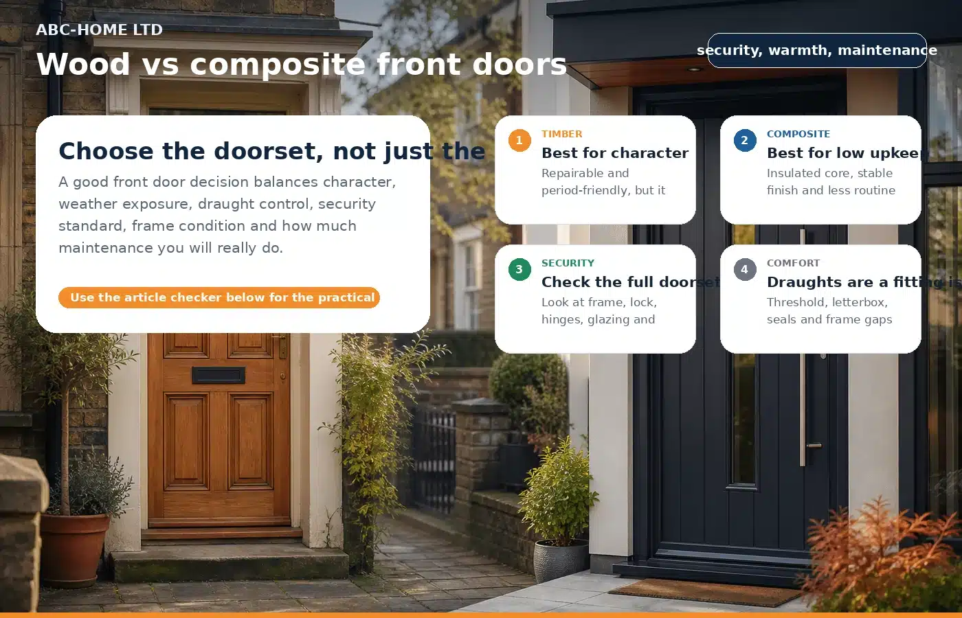 Photo-infographic comparing timber and composite front doors with security, draught and maintenance checks