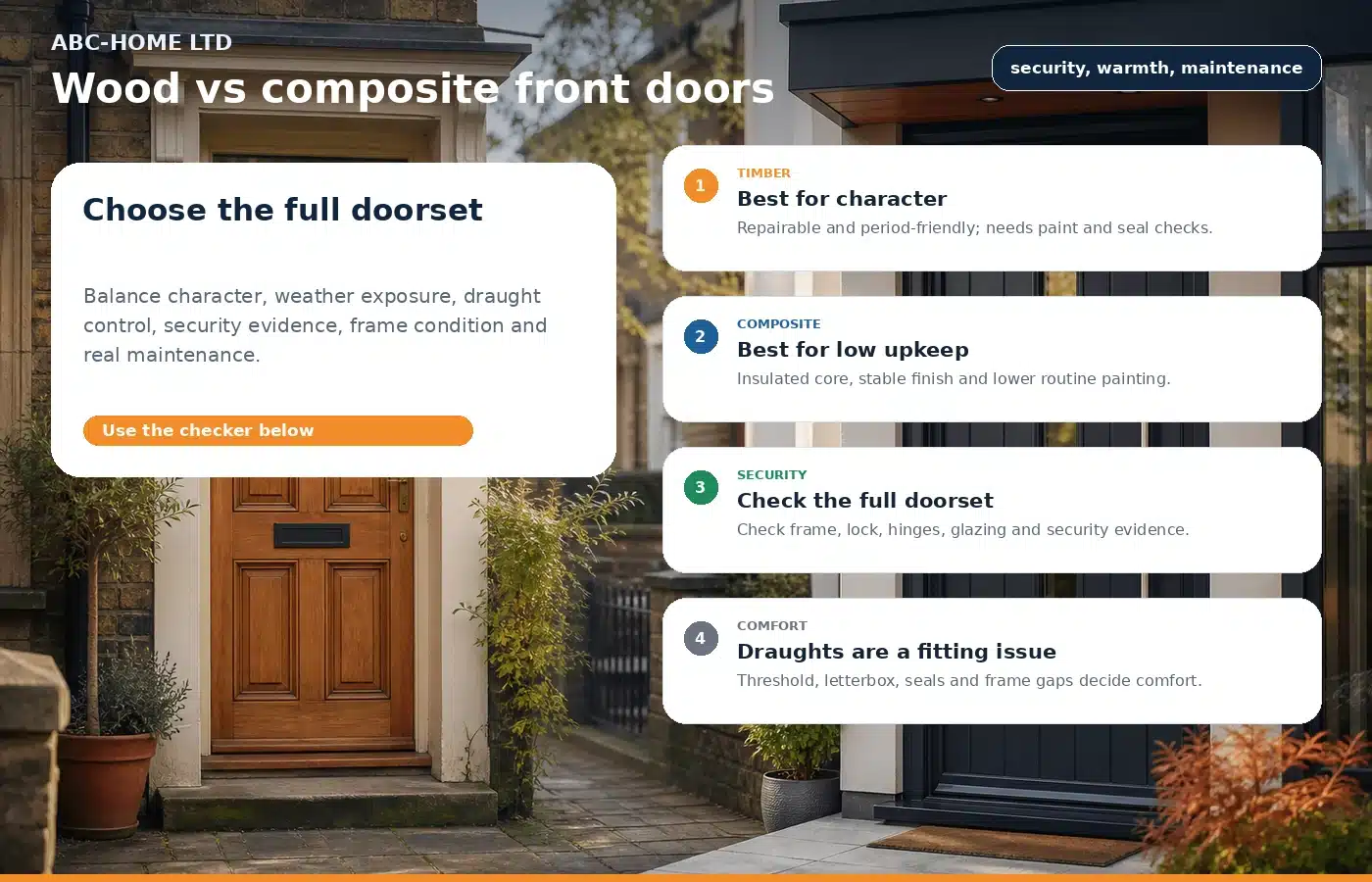 Photo-infographic comparing timber and composite front doors with security, draught and maintenance checks