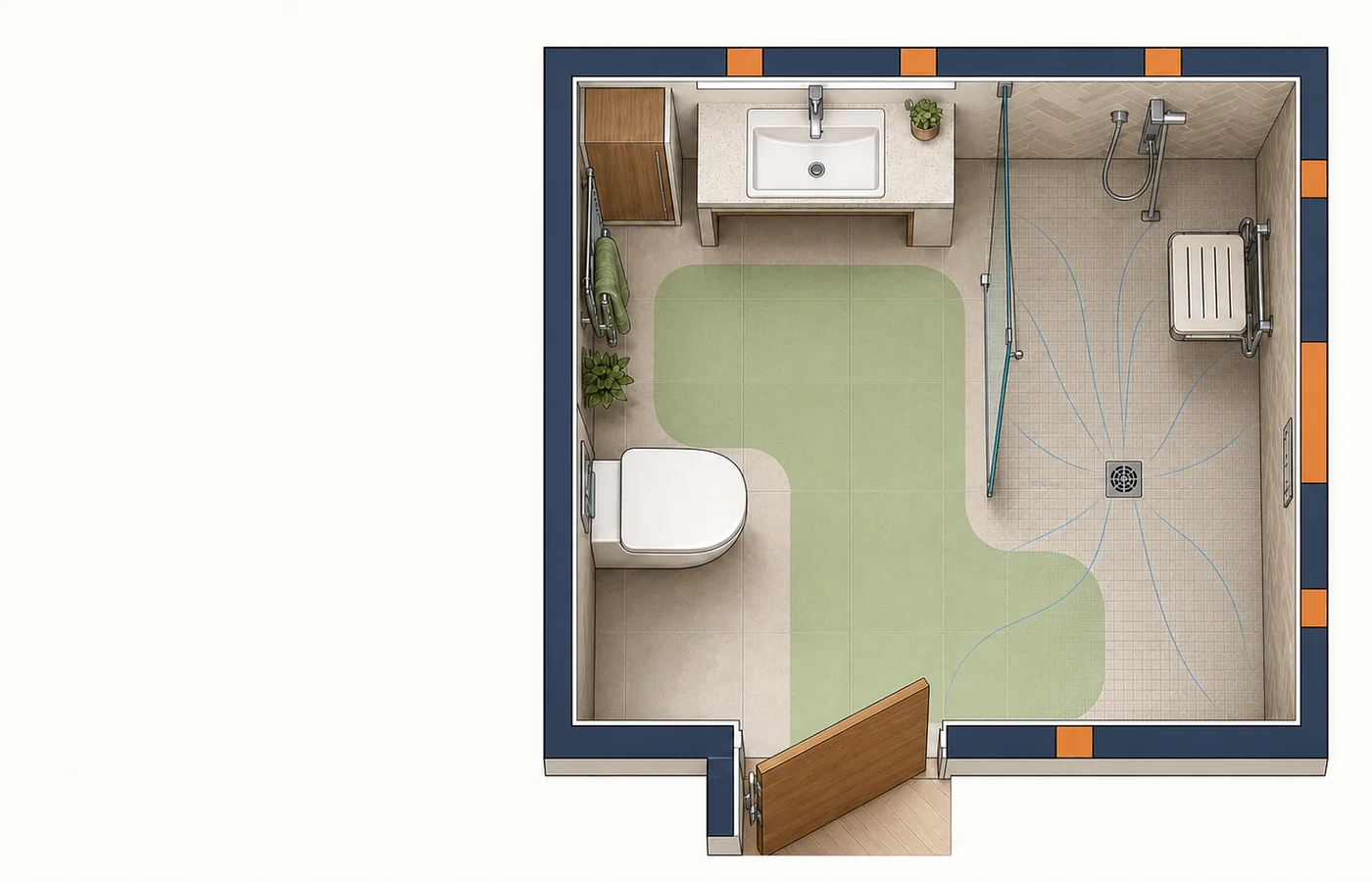 Top-down technical plan of an accessible wet room showing a step-free route, transfer space, shower seat, drainage falls and reinforced wall zones.