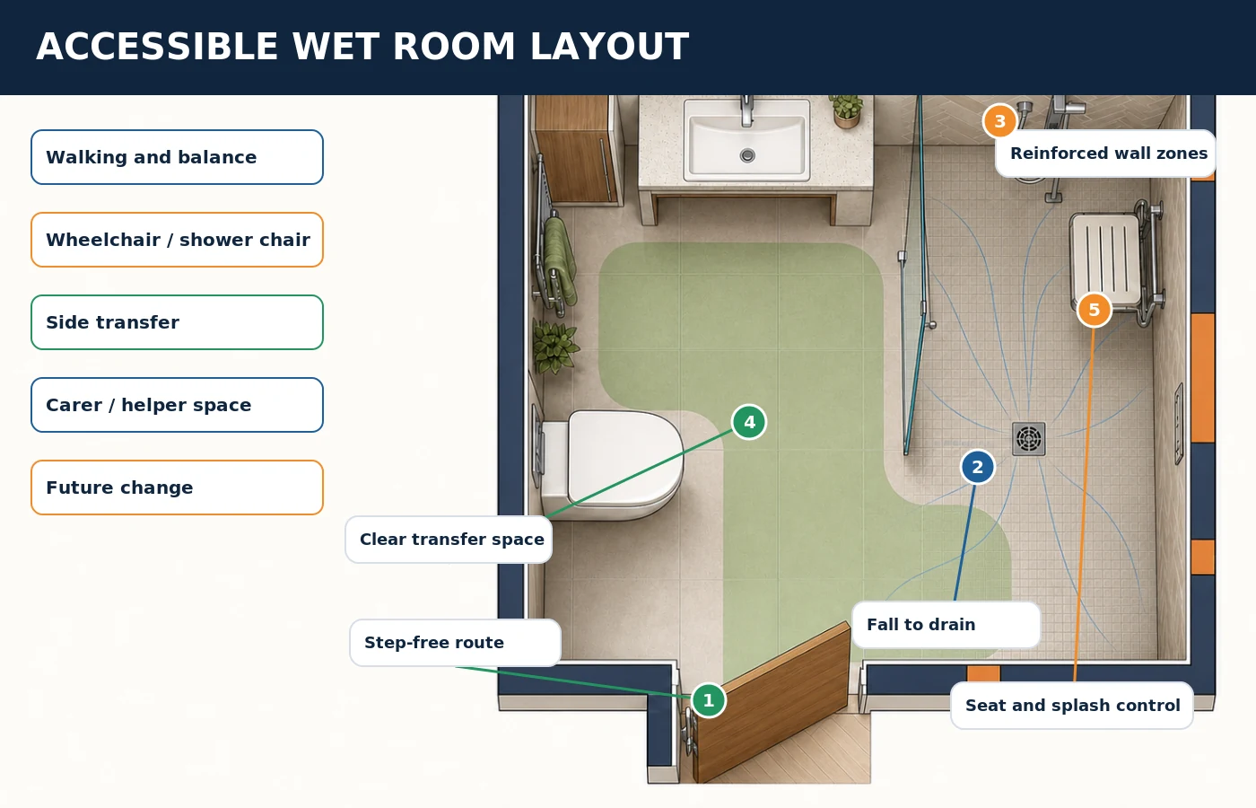 Plan diagram of an accessible wet room showing a step-free route, floor fall to the drain, splash control, reinforced wall zones, transfer space and room for a helper.