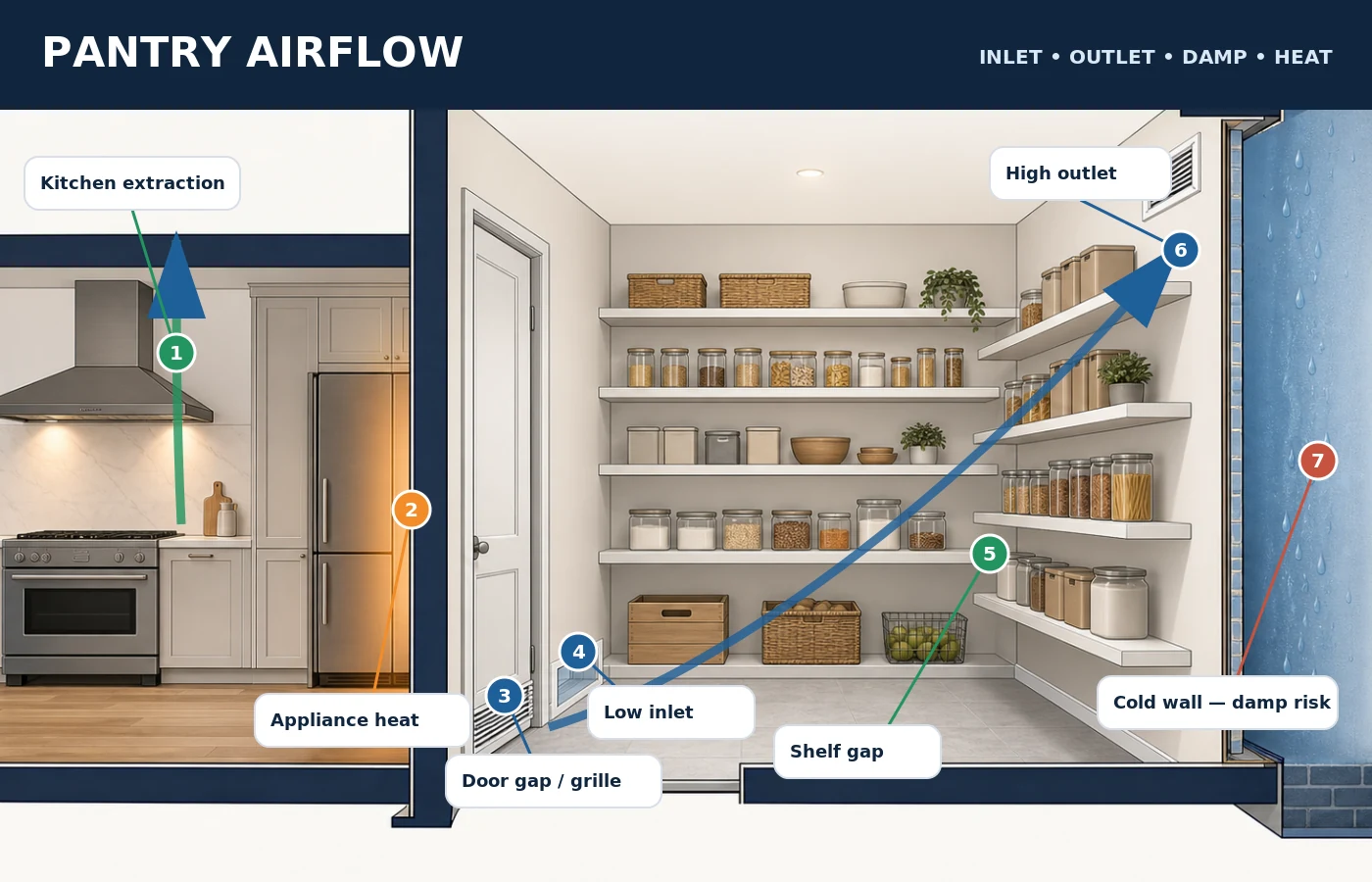 Cutaway diagram of a kitchen pantry showing cool air entering through a low vent and door gap, warm moist air leaving through a high vent, a cold external wall, shelf gaps, nearby appliance heat and kitchen extraction at source.