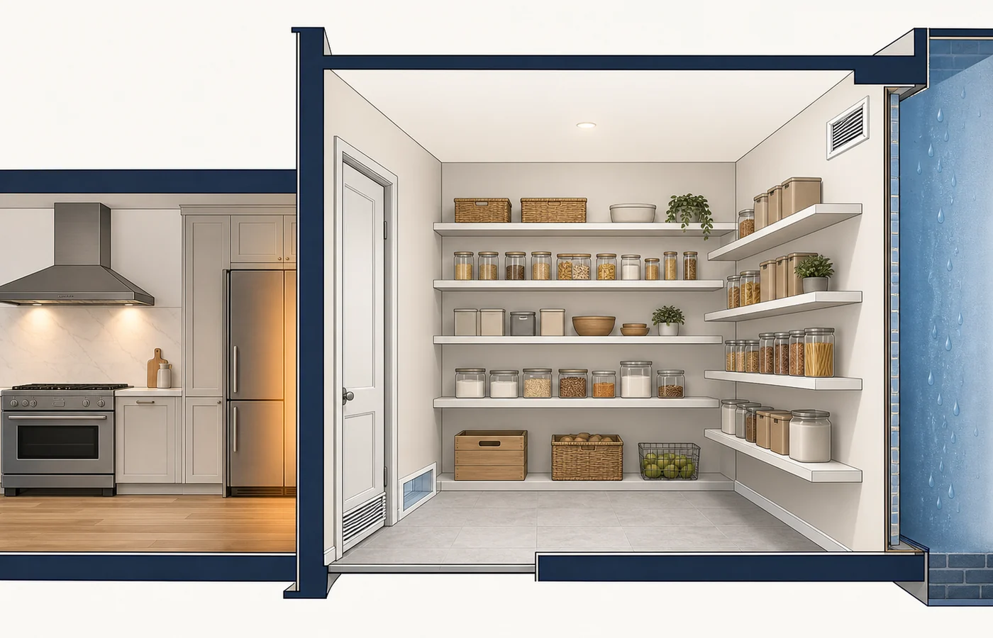 Technical pantry airflow cutaway showing a kitchen extraction route, low and high vents, shelving clearance, appliance heat and a cold external wall.