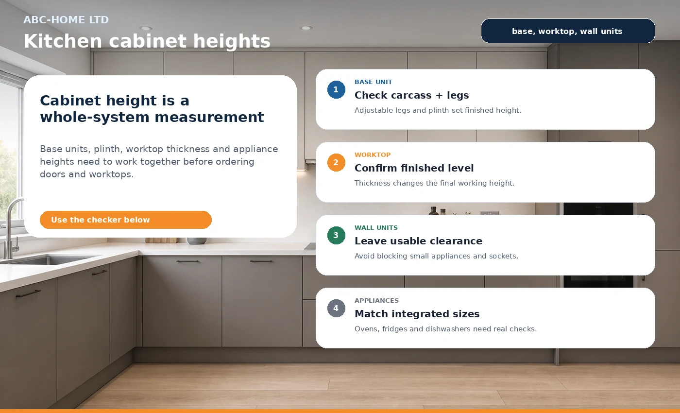 Photo-infographic showing UK kitchen cabinet height, worktop level, plinth and wall-unit clearance checks