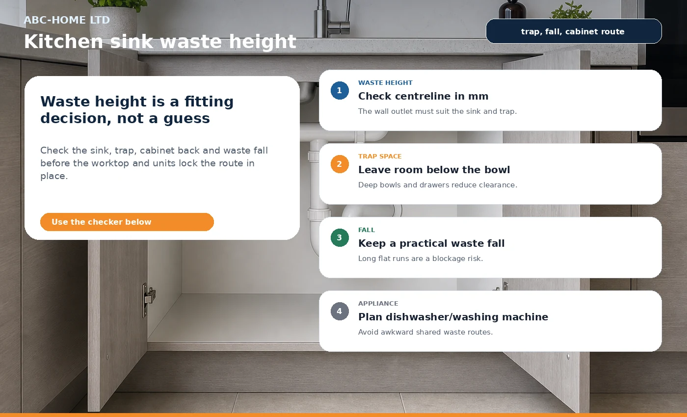 Photo-infographic showing kitchen sink waste pipe height, trap space, cabinet route and waste fall checks