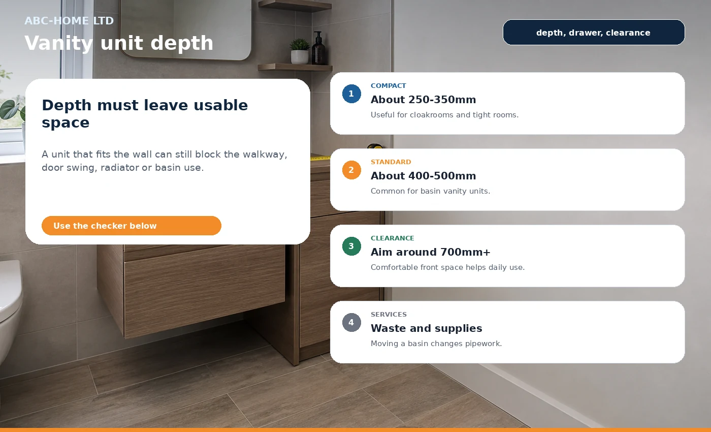 Photo-infographic showing bathroom vanity unit depth, drawer swing and front clearance checks