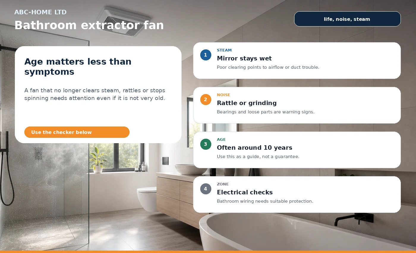 Photo-infographic showing bathroom extractor fan lifespan symptoms, steam clearing and electrical safety checks