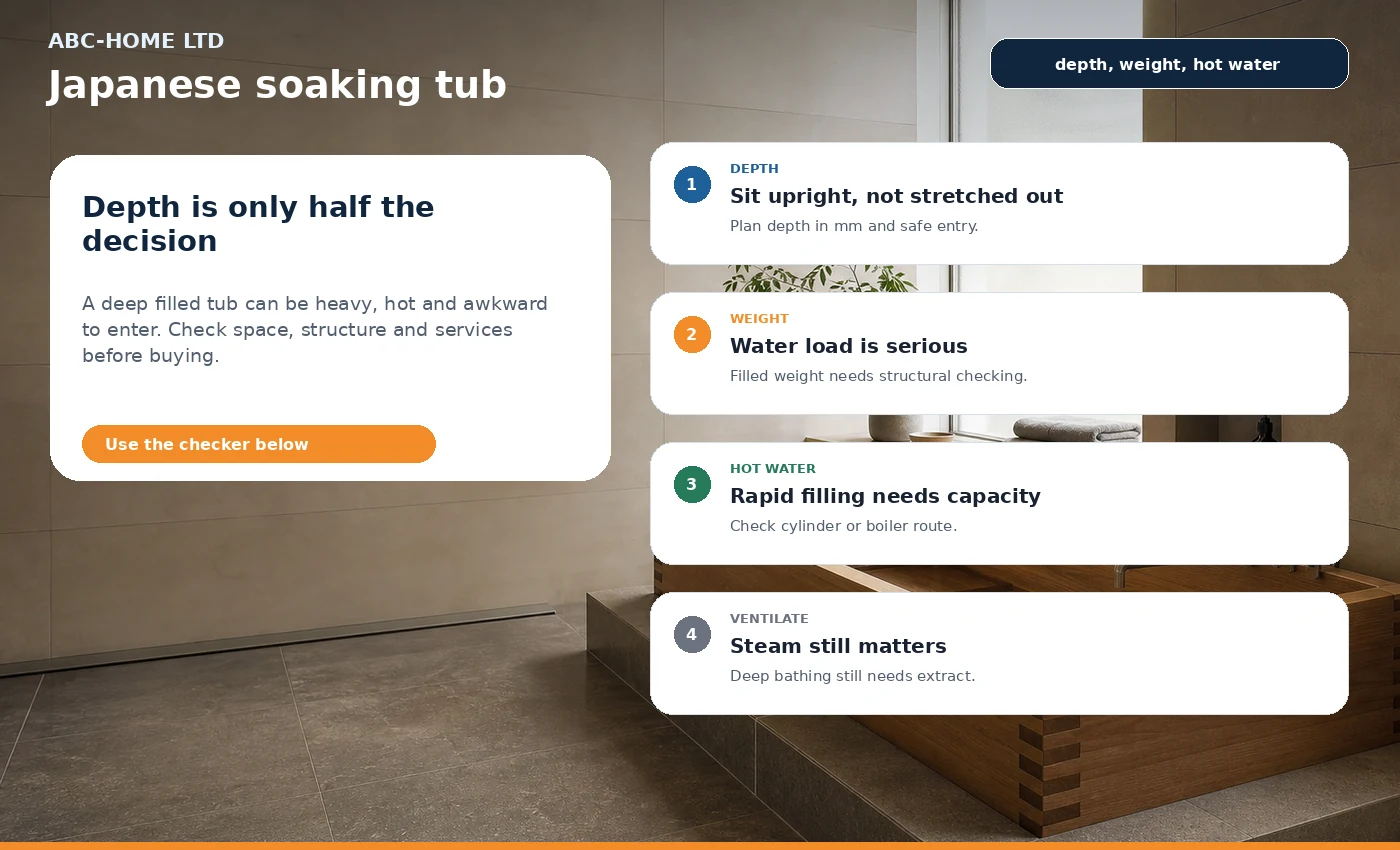 Photo-infographic showing Japanese soaking tub depth, filled weight, hot water and ventilation checks