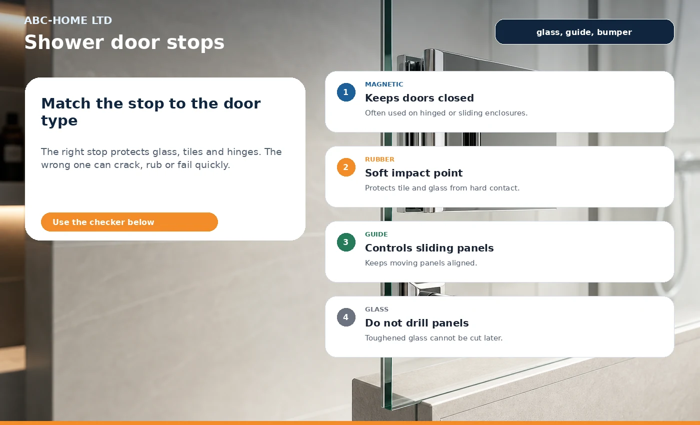 Photo-infographic showing shower door stop, bumper, guide and glass safety checks