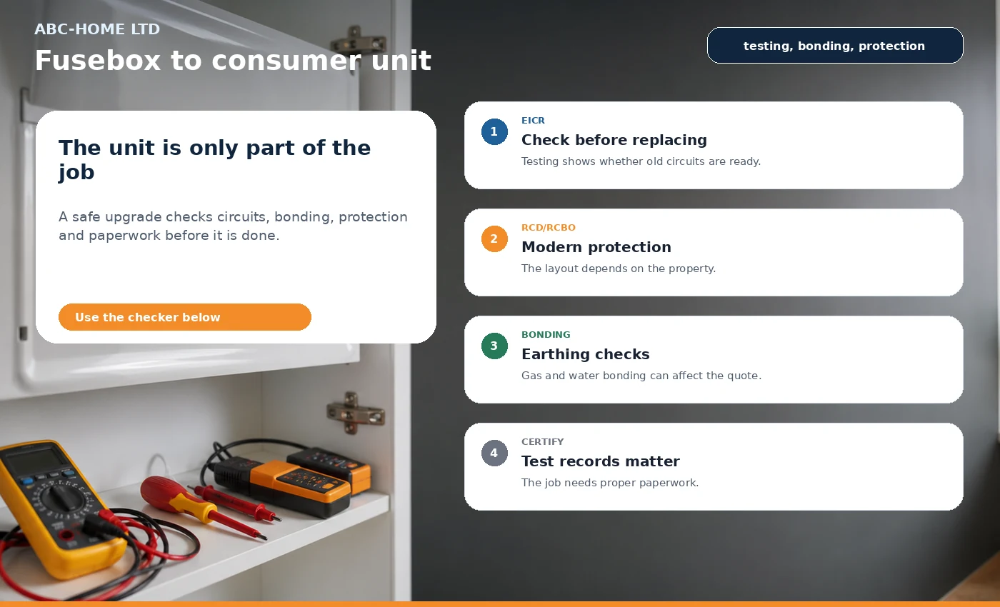 Fusebox to consumer unit infographic showing old fuses, RCD or RCBO protection, bonding checks and certification